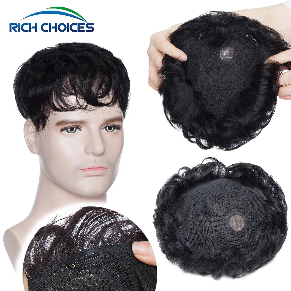 Rich Choices-Peluca de cabello indio ondulado para hombre, tupé para extensiones de cabello humano masculino, 16x19cm, 150% de densidad postizo natural súper duradero para hombres