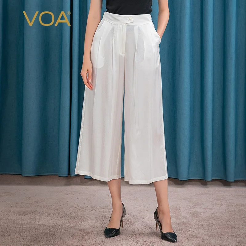 

VOA Satin Mulberry Silk Wave Twill Mid-waist Yuk Pleated Pockets Straight Wide-leg Lightweight Nine-point White Pants KE69