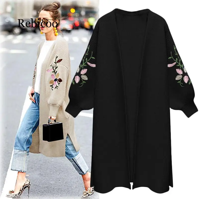 Новинка Осень зима 2019 женский длинный свитер большого размера с вышивкой в