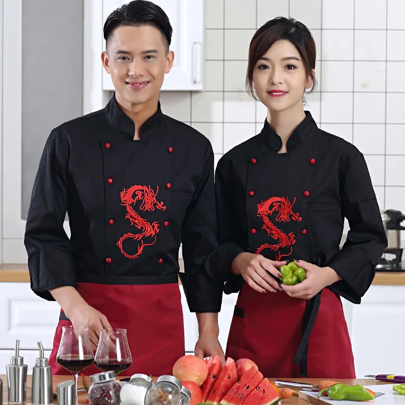 Ropa de trabajo de estilo chino de manga larga para Chef, uniforme bordado de dragón para Hotel, restaurante, ropa de trabajo, Tops de cocinero