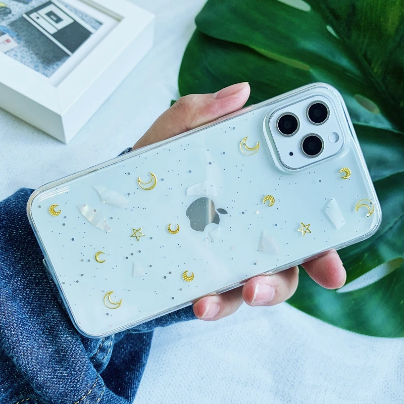 Блестящий блестящий чехол с сердечками Луной и звездами для iPhone 6 6s 7 8 Plus 10 X XS XR 11 Pro