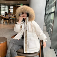 winter 2021 new down cotton padded coat womens fashion cargo big hair collar small pie overcome trench coat cotton padded coat