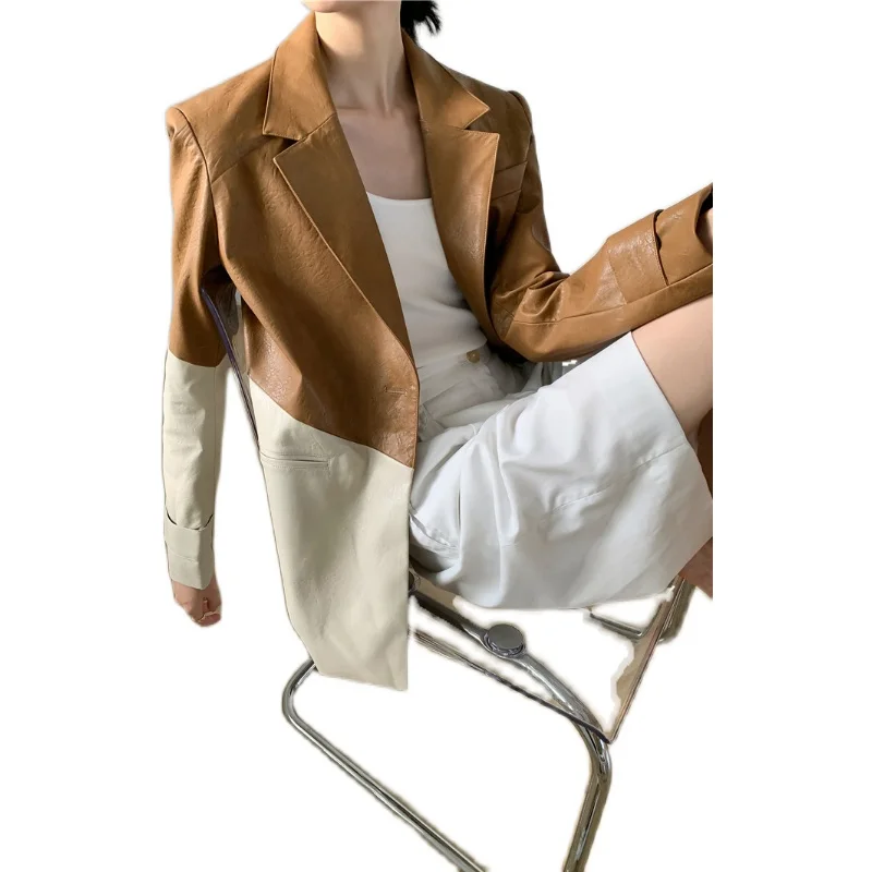 

Fitaylor 2021 Spring New Women Leather Jacket Coat Loose Contrast Twill Jacket Tailored Collar vintage Long sleeve overcoat.