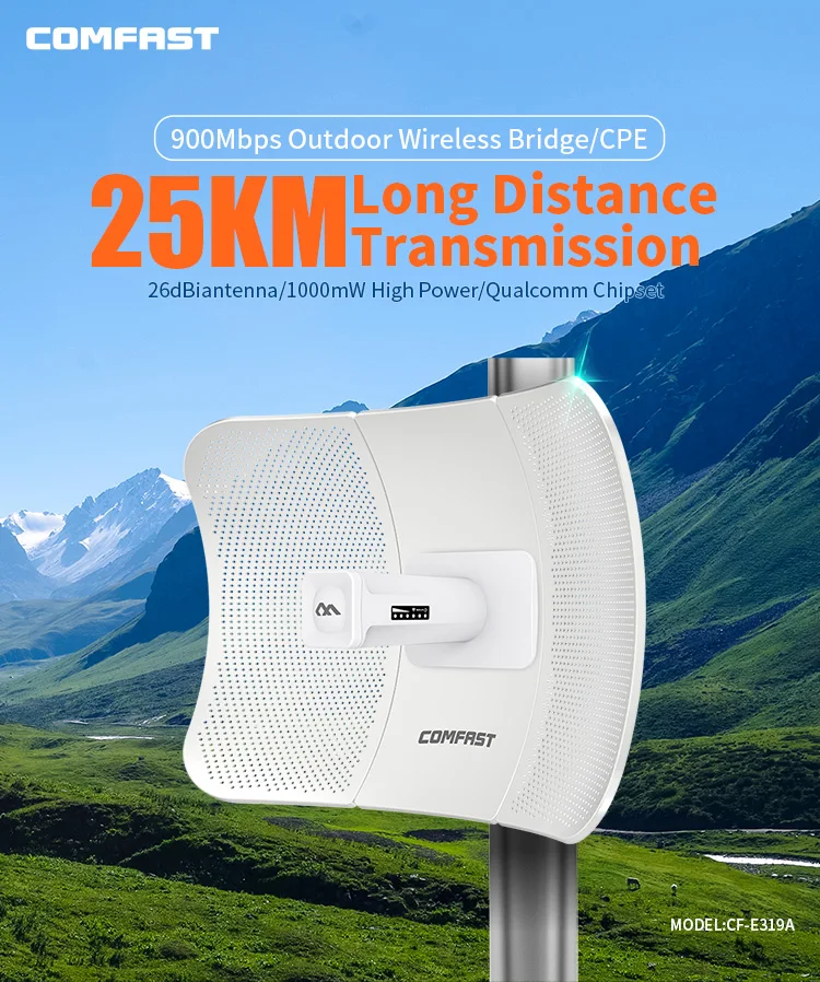 

Усилитель сигнала маршрутизатора 900 Мбит/с, 25 км, CF-E319A5.8G Cipecomast, Ретранслятор беспроводной сети 2 × 26 дБи, расширительный маршрутизатор IP65