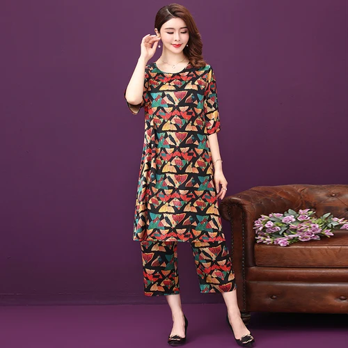 Женское шелковое платье из двух частей классическое с круглым вырезом и широкими штанинами в литературном