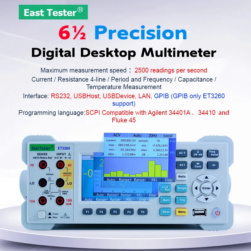 

ET3260 6 Digital Multimeter 1/2 Bit Precision Automatic Counts with 3.5 Inch TFT RS-232 High Accuracy Desktop Multimeter Tester