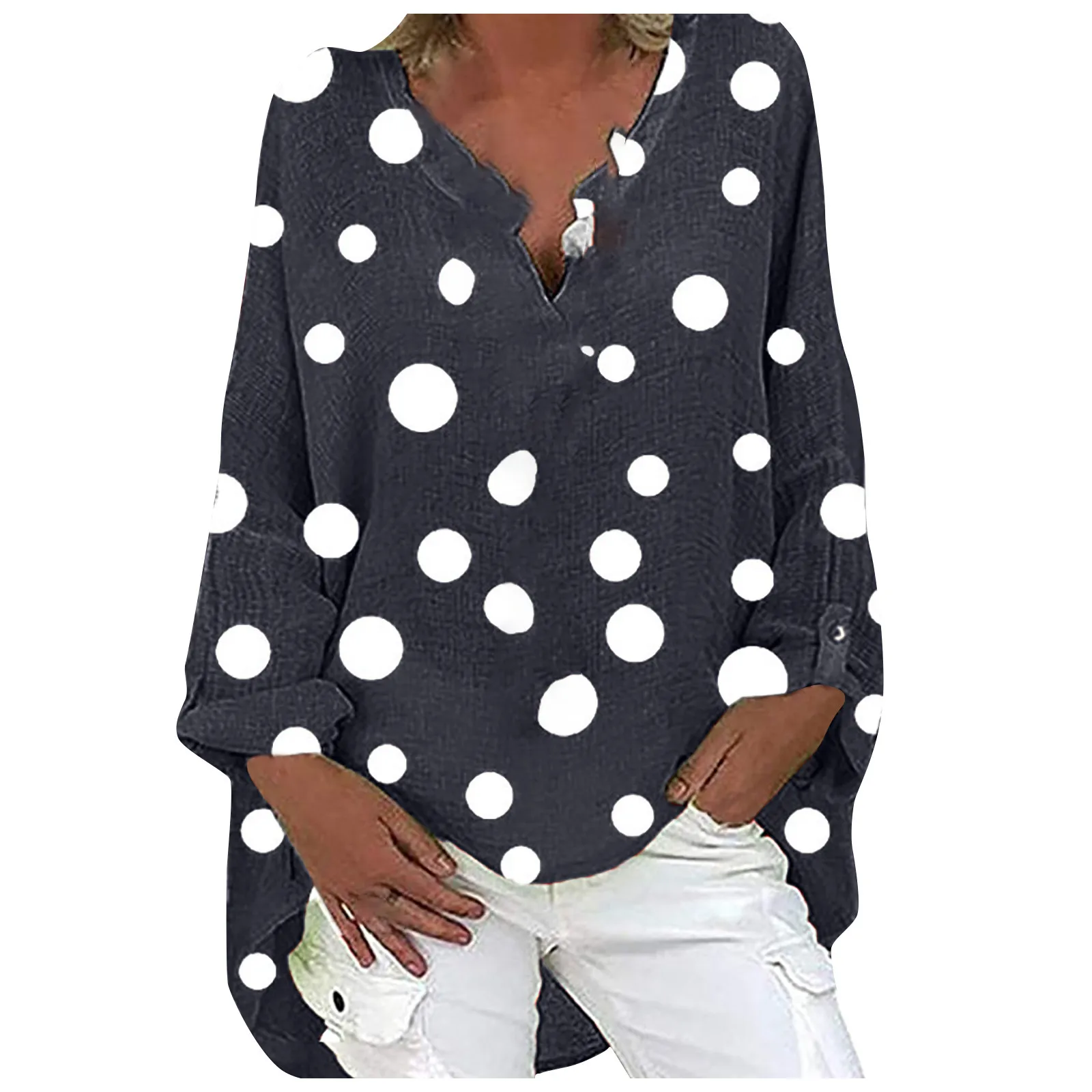 

Women Baggy New T-shirts Summer Polka Dot Printed Button Sexy V-neck Loose Tops Tunic Shirts Plus Size Shirt Female Blusas R5