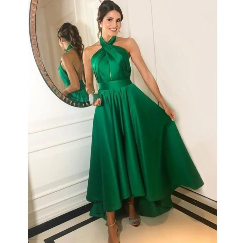 

Женское вечернее платье yimmerpwp, зеленое плиссированное платье с лямкой на шее, 2020, для особых случаев, с открытой спиной, высоко и низко