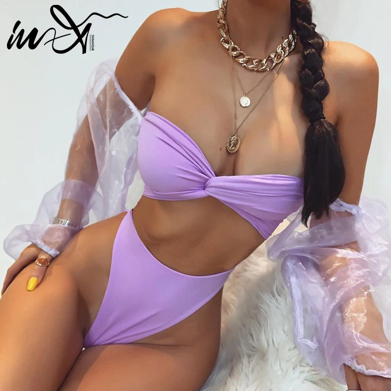 In-X High waist bikini set Long puff sleeve swimsuit female Mesh swimwear women Bandeau micro biquini bathing suit Summer Bather | Женская