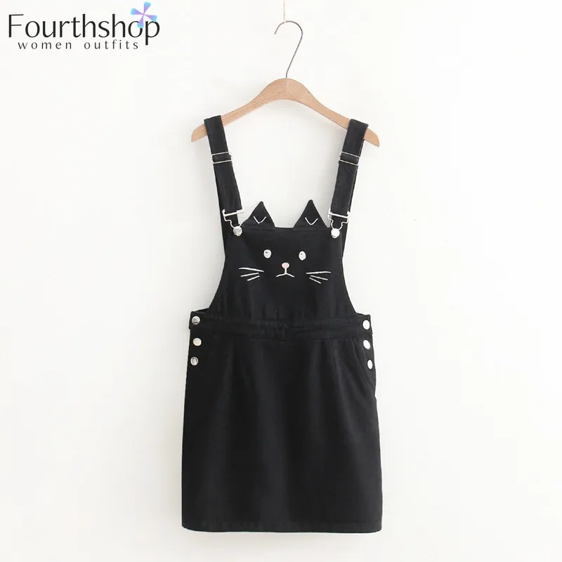 2021 Summer Suspender Denim Dress Women Strap Sundress Cartoon Kawaii Cute Cat Embroidery Japan Style Mori Girl Jeans Dresses | Женская