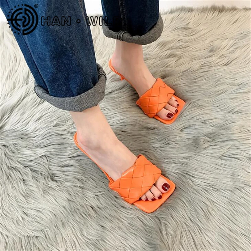 

Brand Women Slides High Heel Slippers High Quality Weave Leather Open Toe Ladies Slippers Peep Toe Women Mules Leisure Sandals