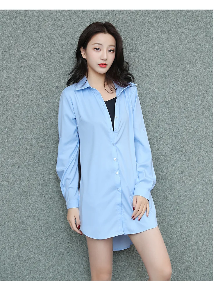 

Korean style white shirt women mid-length sexy pajamas long sleeve loose chiffon shirt bottoming shirt skirt women