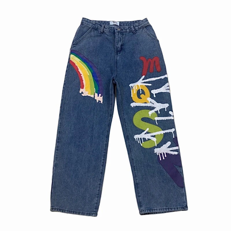 

Korean Vintage Streetwear Jeans Women Ins Trend Rainbow Graffiti Straight Trousers Man Loose Denim Wide-leg Pants Unisex Cotton