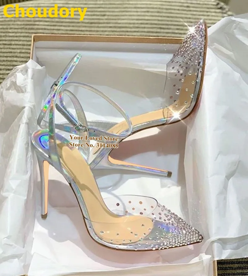 Choudory Transparent PVC Bling Bling Crystal Wedding Shoes Hologram Iridescent Silver Slingback High Heel Rhinestone Women Pumps