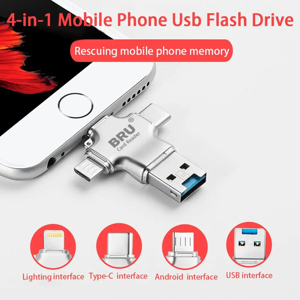 

Bru 4в1 Usb Otg флешка Usb флешки 3,0 для Iphone Ipad Android type-c lightning смартфон планшетный ПК 16 ГБ 32 ГБ 64 ГБ 128 ГБ 256 ГБ