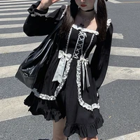 qweek kawaii lolita milkmaid dress women japanese maid costume gothic lolita ruffle bandage staple dress long sleeve autumn 2021
