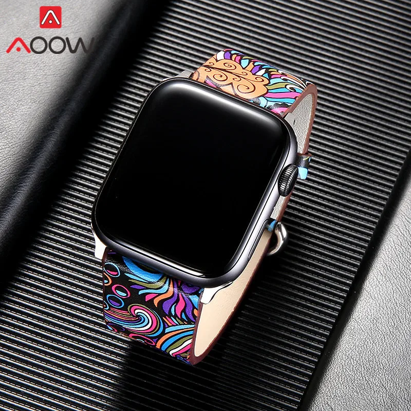 Кожаный ремешок для часов Apple Watch 38 мм 42 мм 40 мм 44 мм цветочный ремешок с цветочным принтом Национальный стиль браслет для iwatch 1 2 3 4