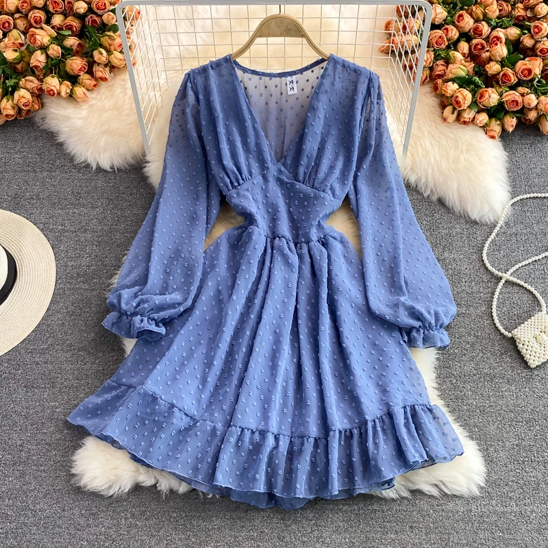 

V neck women chiffon dresses long sleeve A-line chiffon dress women party dresses women vestidos mujer