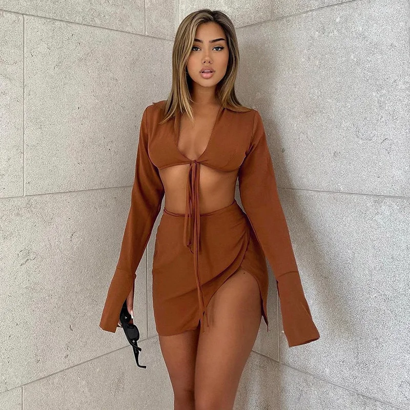 

Tie Long Sleeve Split Skirt Set Fashion Sexy Yoga Evening Set for Women
