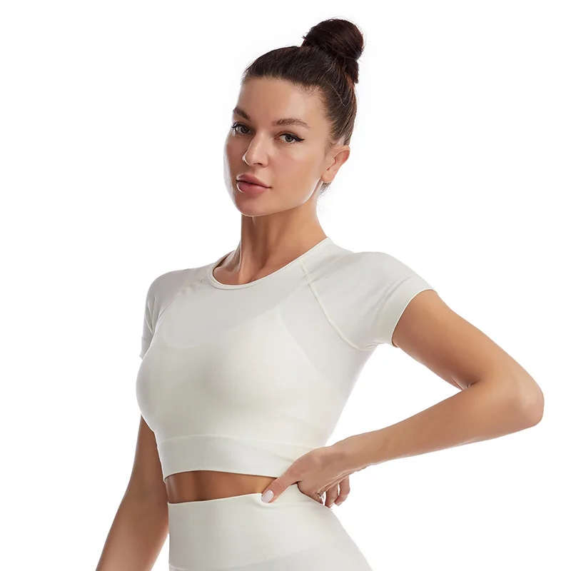 

IIZ Tight Yoga Short Sleeves Macarone Solid Color Line Sports Top Women European and American Large Size Yoga Clothes