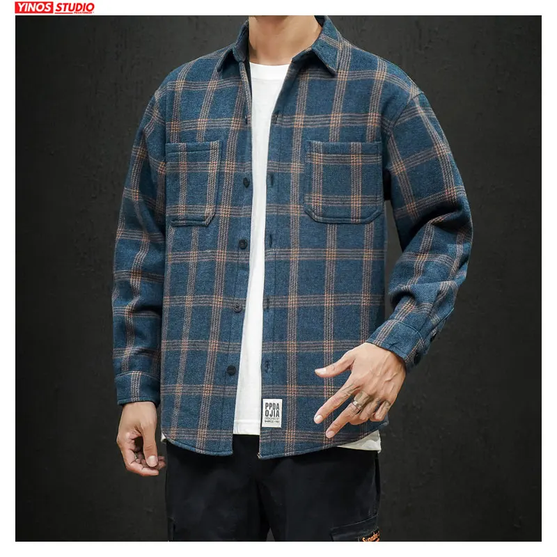Дропшиппинг японский стиль Мужские плотные рубашки с длинным рукавом в клетку 2020