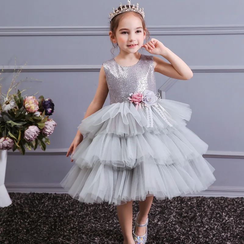 Champagne Gray Pink Purple Girl Flower Sequins Tulle Cake Princess Dress Kids Party Birthday Wedding Gown 3-12Y BW011 | Детская одежда