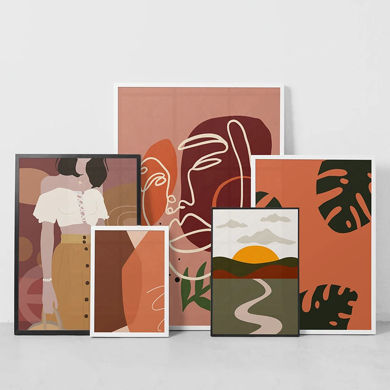 Абстрактный пейзаж бохо модная девушка линия рисунок лица настенное искусство