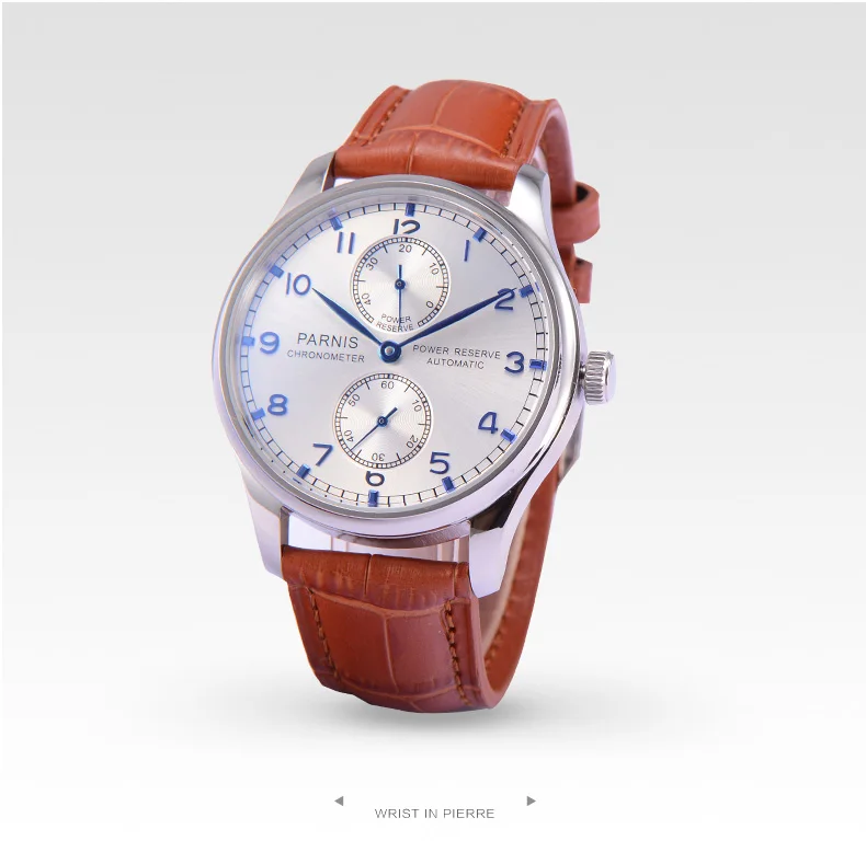 Parnis 43mm Silver Case Automatic Mechanical Men's Watch Power Reserve Black Leather Strap Men Watches heren horloge Luxury