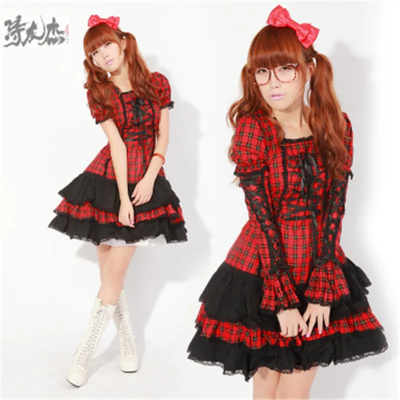 

New Lolita Fashion Gothic Black and Red Plaid Dress