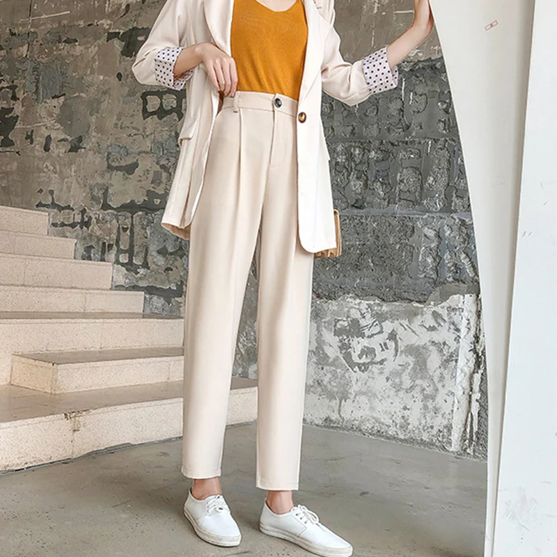 

Limiguyue Suit Pants Women Straight Spring Loose Slim Pants OL Nine Points Harem Pants Woman Casual High Waisted Trousers K168