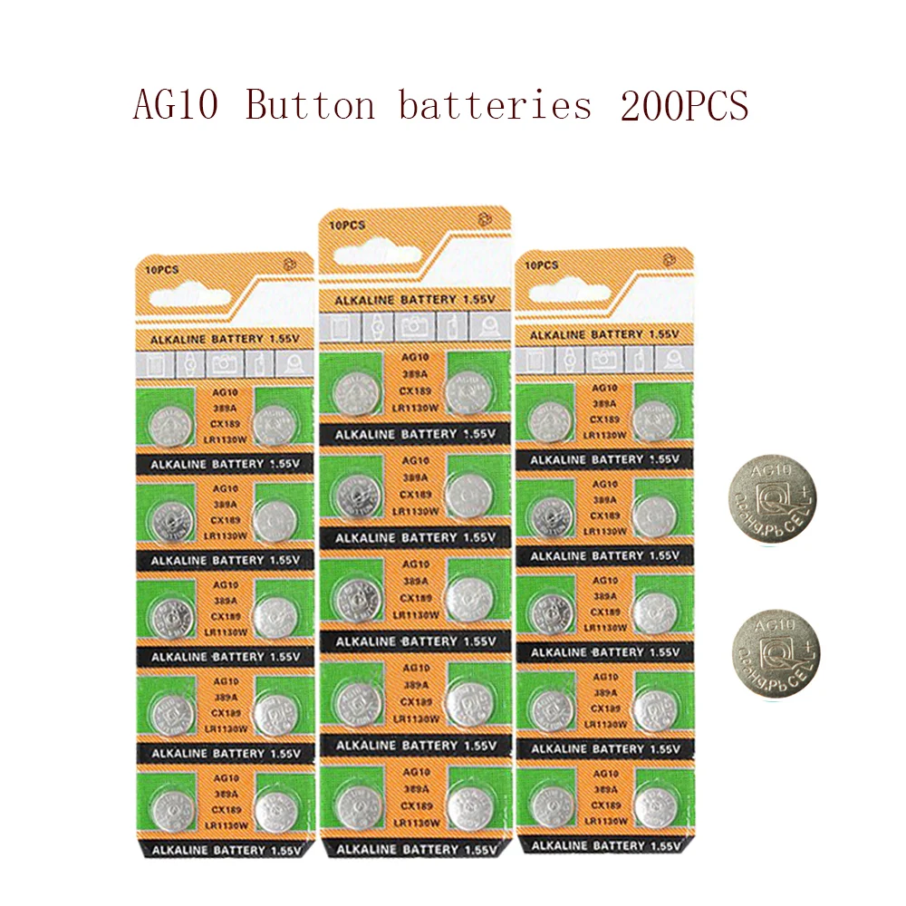 

AG10 1.55V 200PCS AG 10 10mAh LR1130 Alkaline Cell Coin Battery SR54 189 SR1130 L1131 G10A Button Batteries For Watches Toys