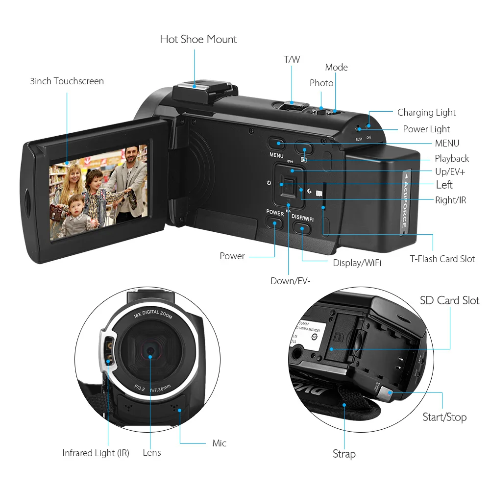 Портативная Цифровая видеокамера Andoer 4K HD DV 16X цифровой зум 3-дюймовый сенсорный