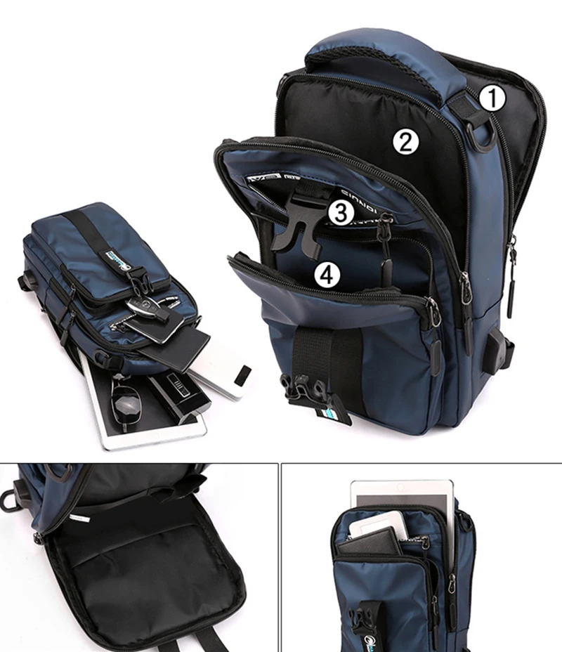 

Men Nylon Backpack Knapsack Sling Cross bod Chest Pack Bags with USB Charging Port Male Messenger Bag Daypack Rucksack