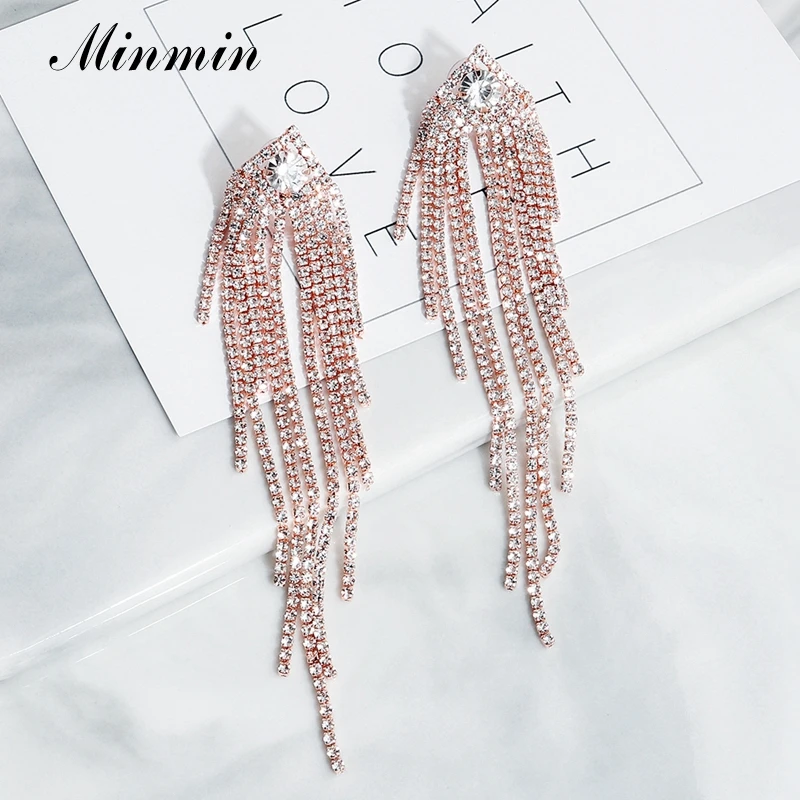 Minmin Rosegold сверкающая Длинная кисточка из горного хрусталя Свадебные висячие серьги Роскошные Крупные, свадебные серьги-подвески ювелирные изделия Модные женские аксессуары для костюмированной вечеринки женские MEH1647