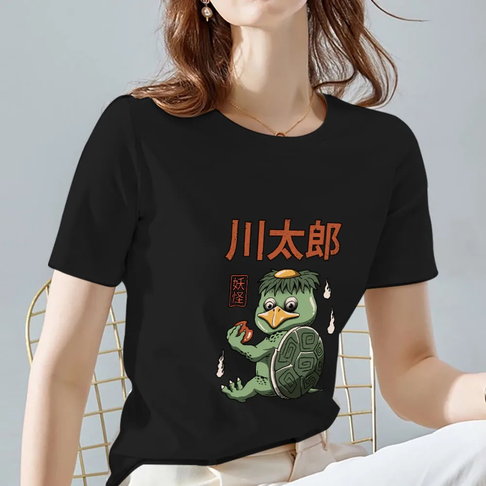 

Basic Women's T-shirt Casual Japanese Top Commuter Black Turtle Tarou Monster Pattern Printing Fashion Soft Slim O-neck Clothing