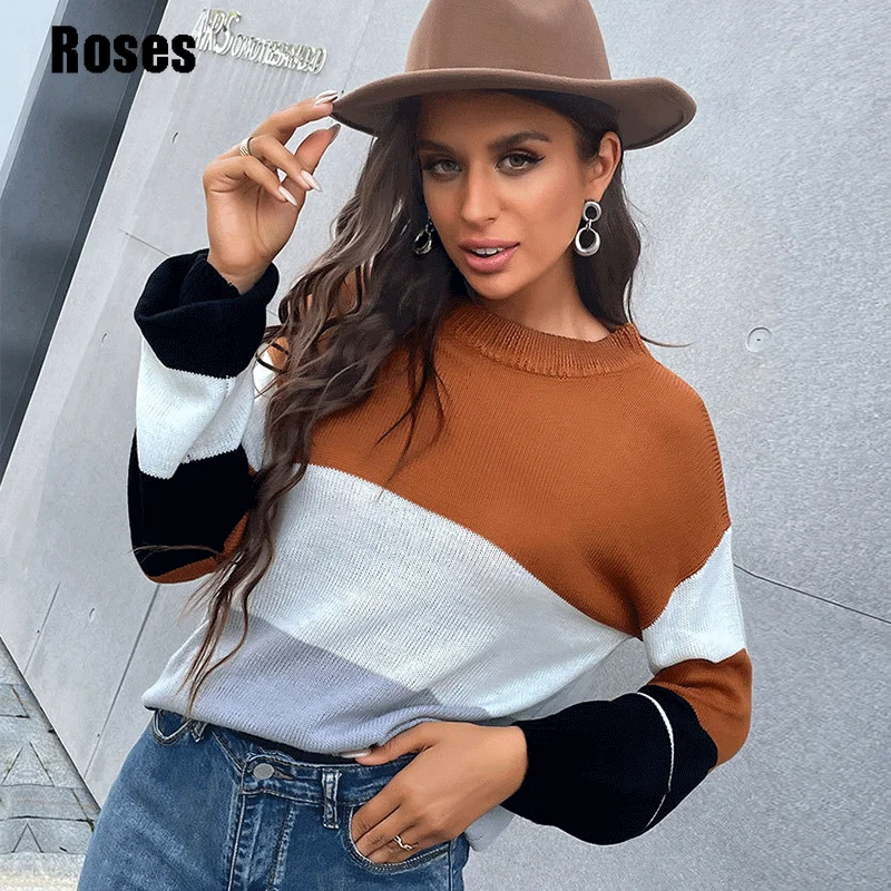

Women's Thin Crew Neck Brown Sweater Long Sleeve Knitted Shirt for Ladies Color Block Jumper Pullover Vintage Top Clohting 2021