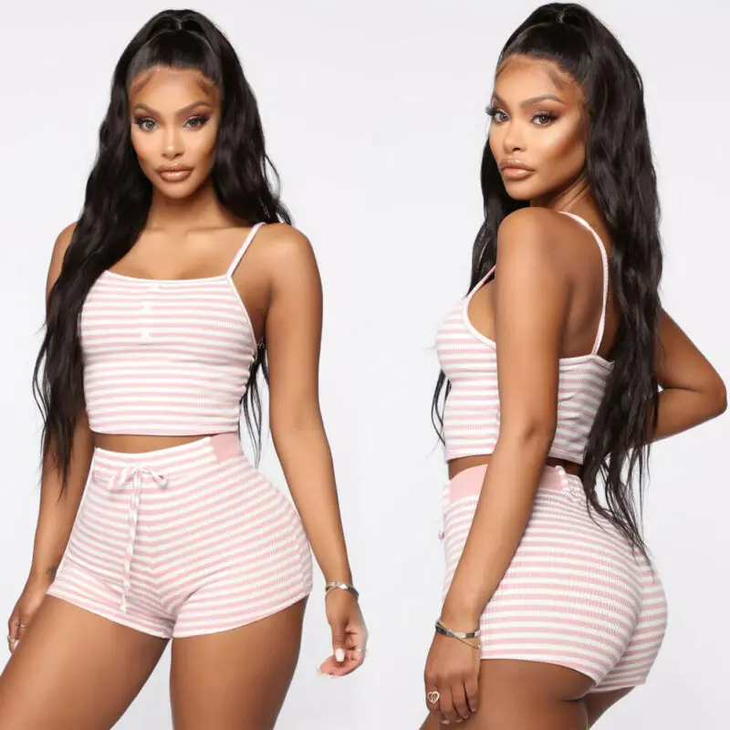 Женский укороченный топ в полоску без рукавов + шорты пляжный костюм с эластичной