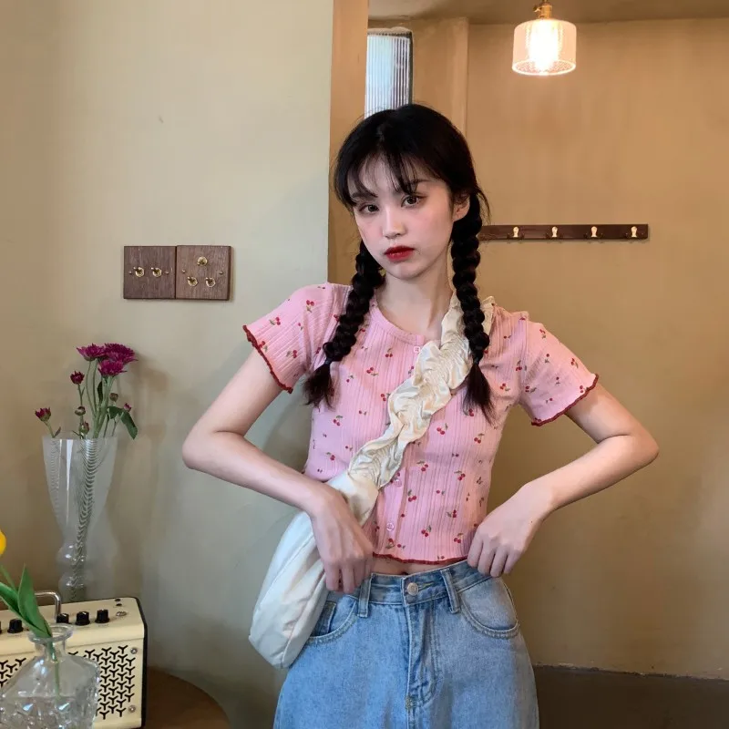 

Ins Hipster Pink Cherry Print O-neck Crop Top Summer Style Women's Clothing Fashion Brand Tees Sweet T Shirts Slim Korean New