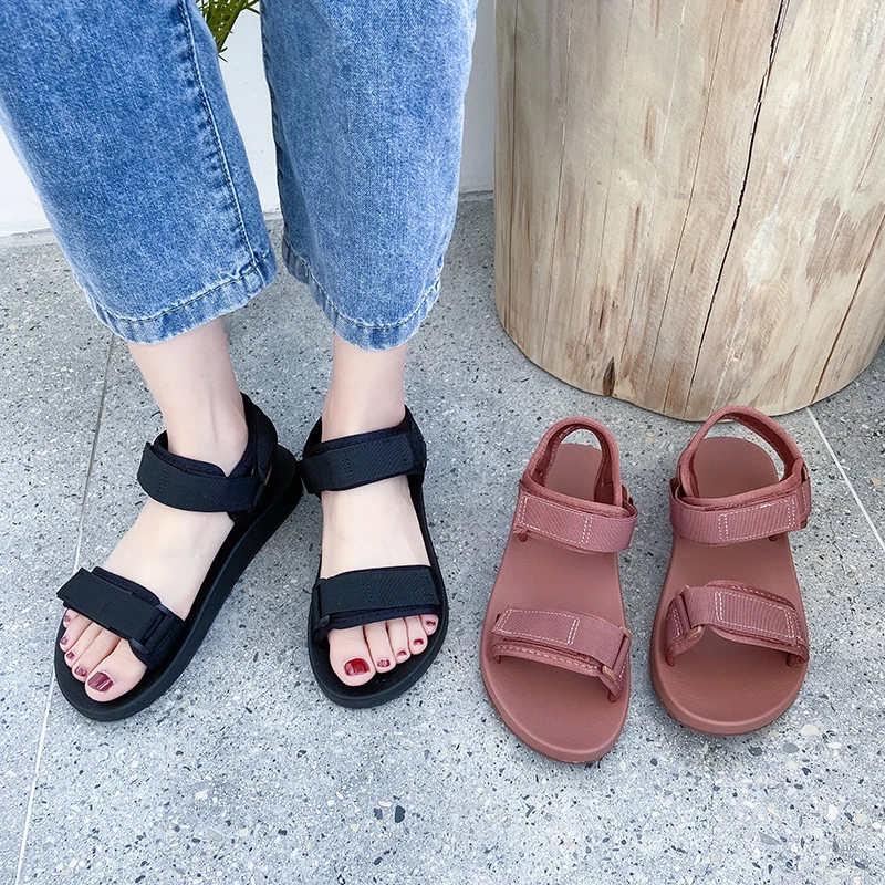 

Beige Heeled Sandals 2021 Summer Shoes All-Match Black Girls Flat Comfort Beach New Fashion Clear Low Hook & Loop Rome Basic Sol