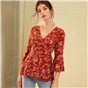 SHEIN V шеи Ditsy цветочный принт Узелок Бохо Вязаная блуза с запахом женские топы осенний праздничный рукав-Волан дамские облегающие блузки