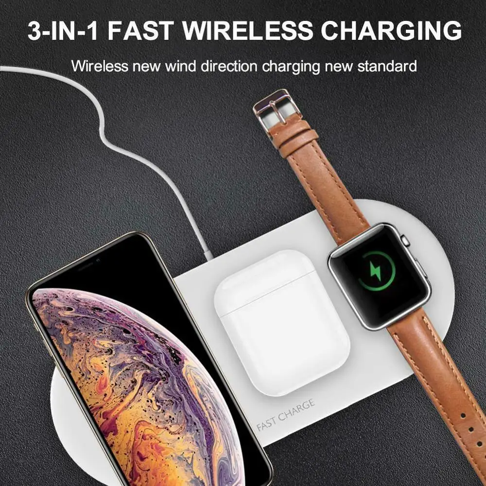 

Беспроводное зарядное устройство 3 в 1 для iPhone X, XS MAX, XR, 8, Samsung S10, S10 +, S9, S8, Airpods, Apple Watch 4, 3, 2, 1
