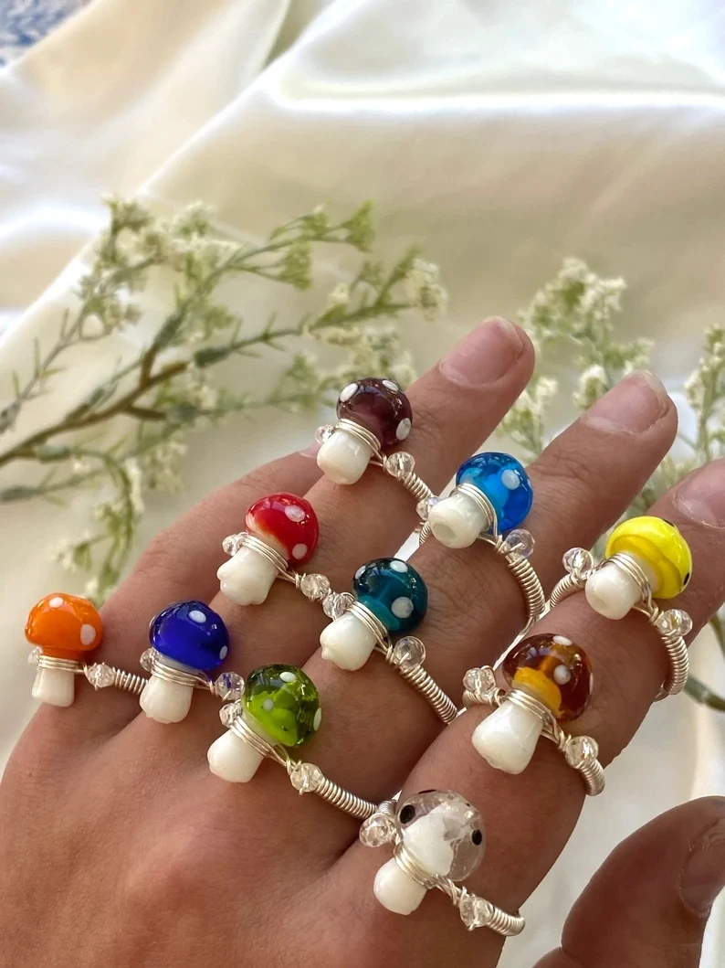 

Handmade Wire Wrapped Colorful Mushroom Ring