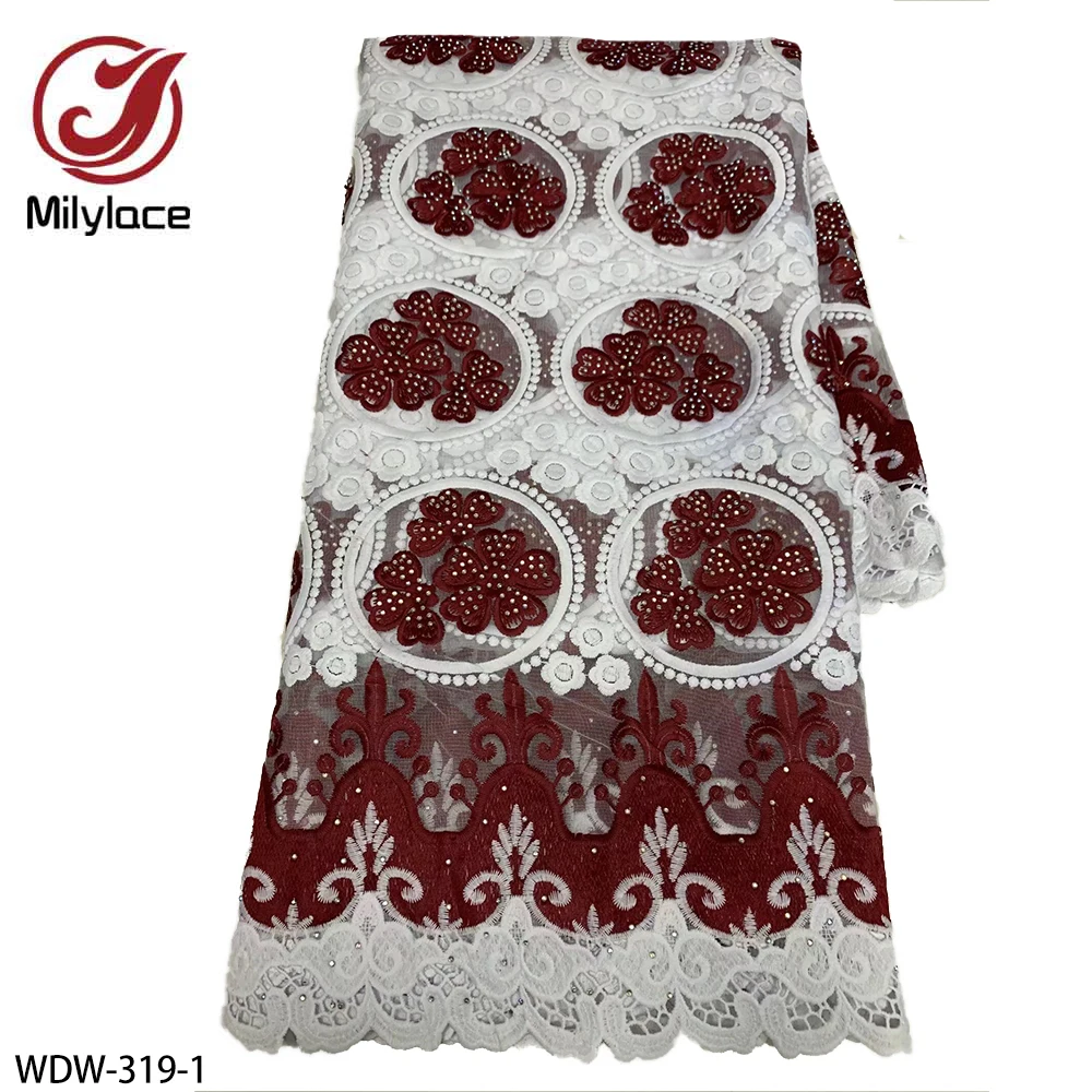 

African Mesh Lace Fabric with Stones Nigerian Embroidery Lace Fabric French Tulle Lace Fabric for Wedding Party WDW-319