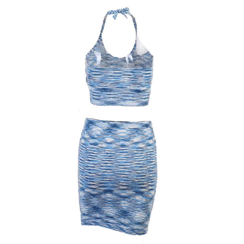 

2Pcs Ladies Knitting Skirt Sets Women Summer Outfit Striped Tied Halter Neck Backless Crop Tops + High-waist Skirt For Girls