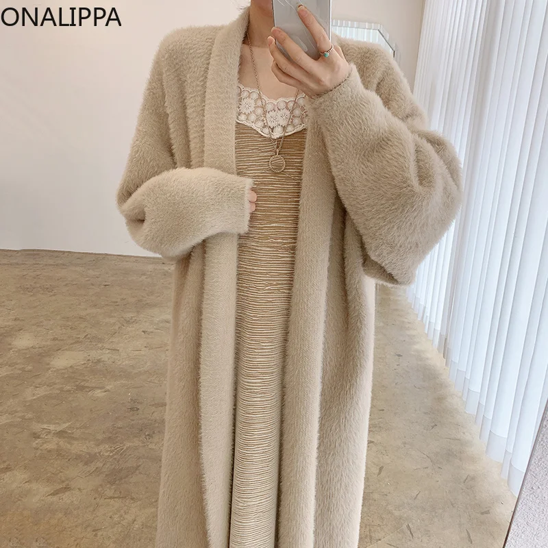 

2021onalippa Winter Jacket Korean Chic Elegant Temperament Loose Casual Midlength Longsleeved Warm Imitation Mink Cardigan Coats