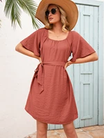 womens round neck puff cuffs with buttons and belts solid color cotton and linen series casual fashion mini skirt