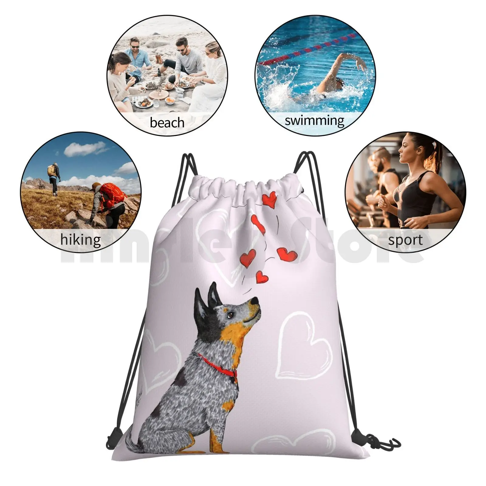 

Australian Cattle Dog , Blue Heeler ( Floating Hearts ) , By Artwork By Ak Backpack Drawstring Bag Riding Climbing Gym Bag