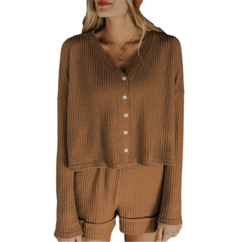 

Two Piece Set Women Casual Long Sleeve Tops Shorts Suits Spring Set Buttons Thin Fashion Femme Solid Color Streetwear Female