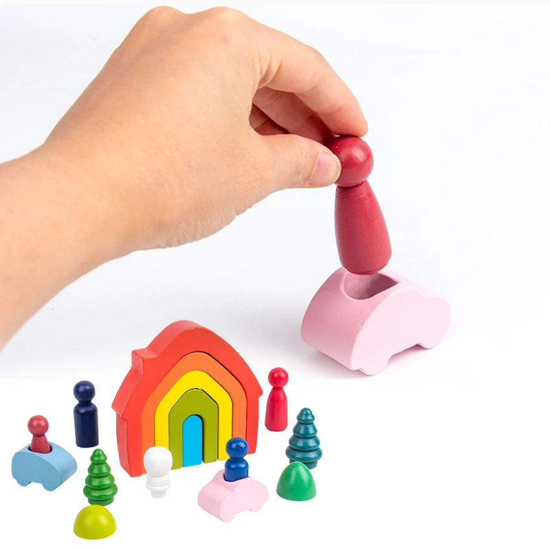 

Wooden Toys DIY Assembled House Rainbow Building Blocks Set Children Montessori Early Learning Stacked Balance Educational Toys
