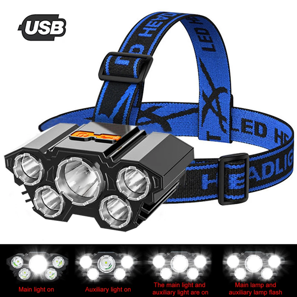 

Налобный фонарь с 5 светодиодами и зарядкой от USB, водонепроницаемый, 4 режима, 350 лм